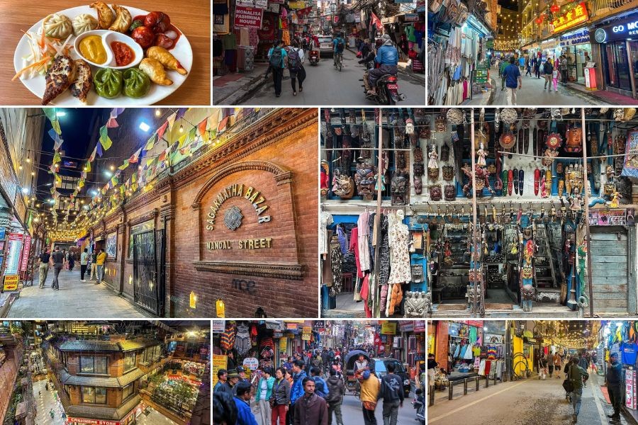Thamel street scenes showing local food, markets and shopping areas.
